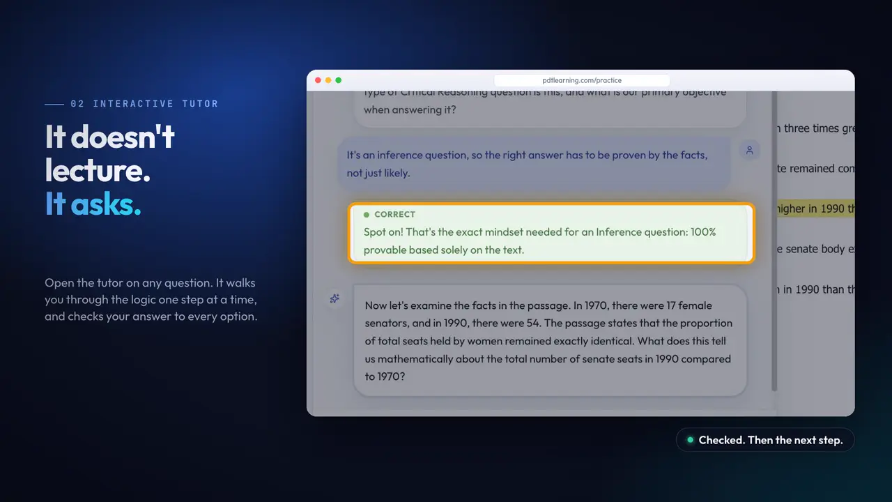 PDT interactive tutor confirming a student's answer next to a GMAT question